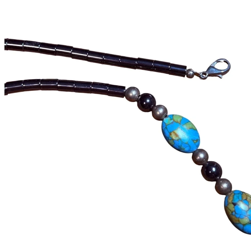 Simulated Turquoise Hermatite Beaded Necklace Southwestern Blue Silver Tone 27